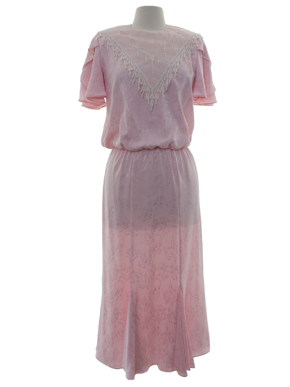 Vintage 80s Women's Medium Samantha Black Pink Fringe Lace Blouson Maxi Dress
